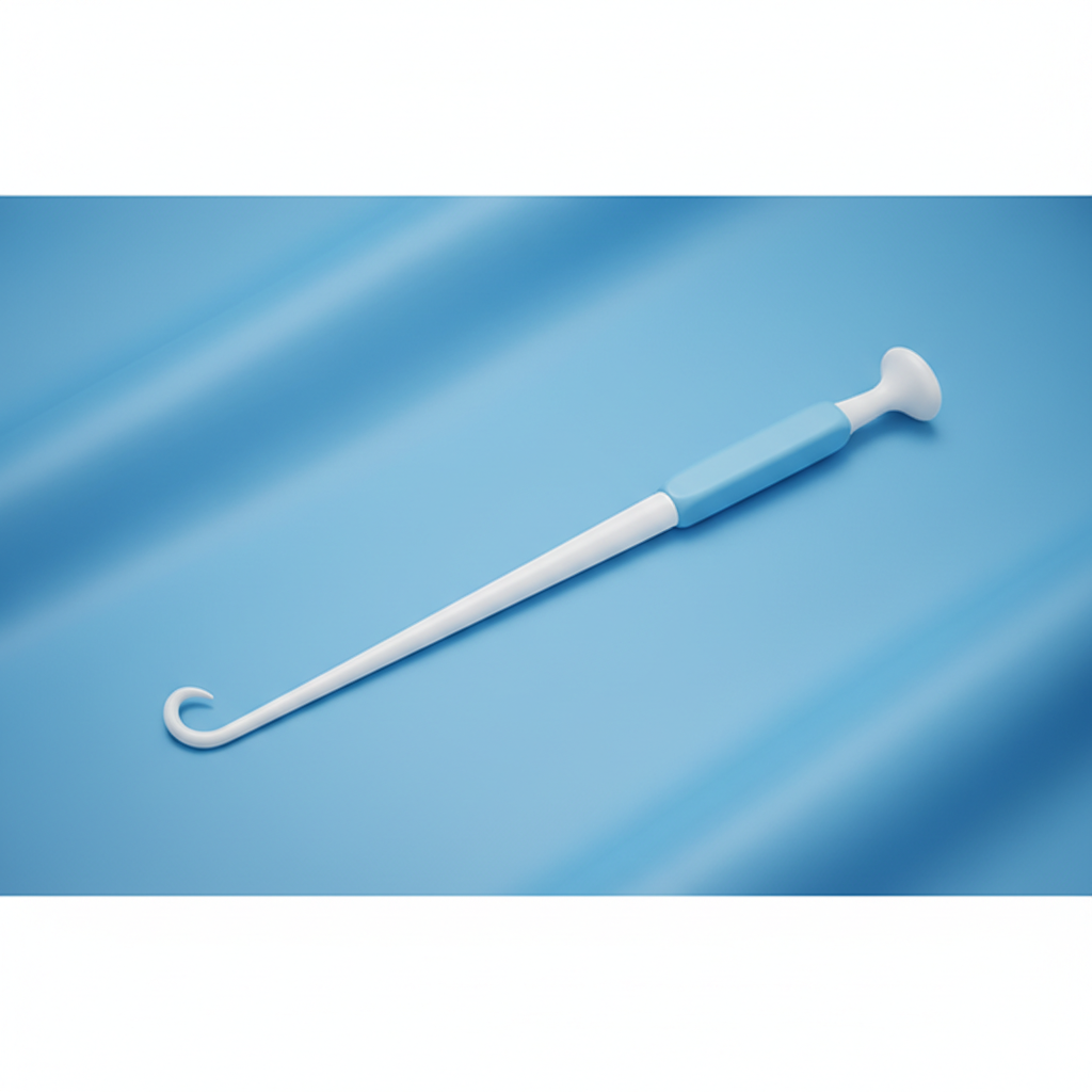 Medical illustration of a sterile amniotomy hook (amnihook) on a blue surgical drape, clean clinical style, high quality photorealistic