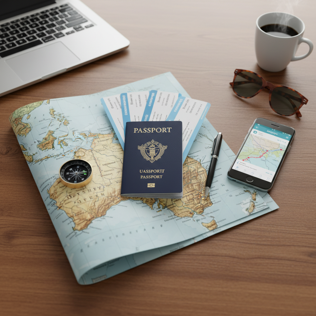 Passport and travel documents on a desk with a map of Australia