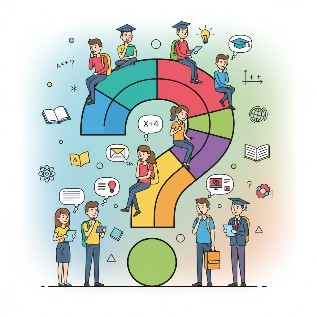 big stylized question mark with students thinking, colorful, vector style