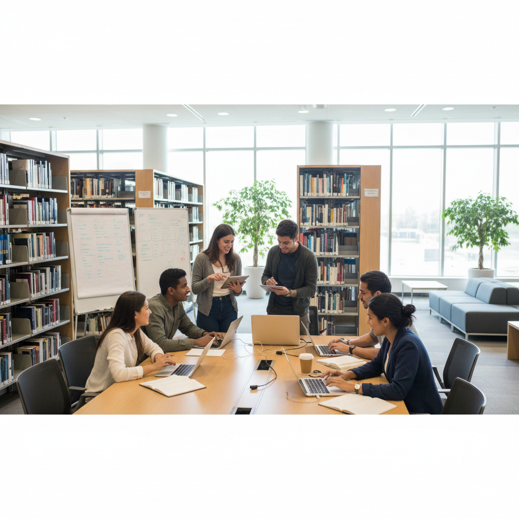 Diverse group of university students using tablets and laptops in a modern library, discussing a project, realistic photography, bright lighting