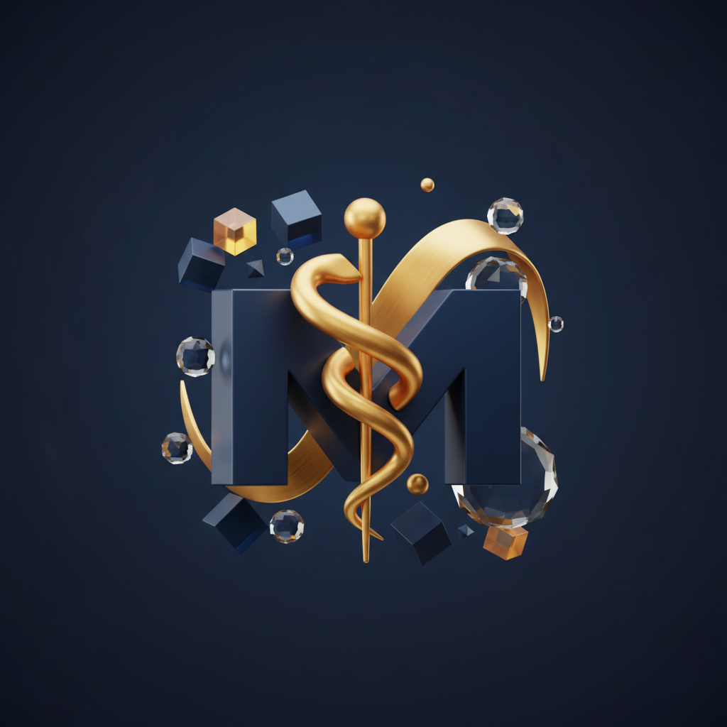 Minimalist 3D abstract composition representing medical lifestyle brand, luxury dark blue and gold palette, clean, high quality