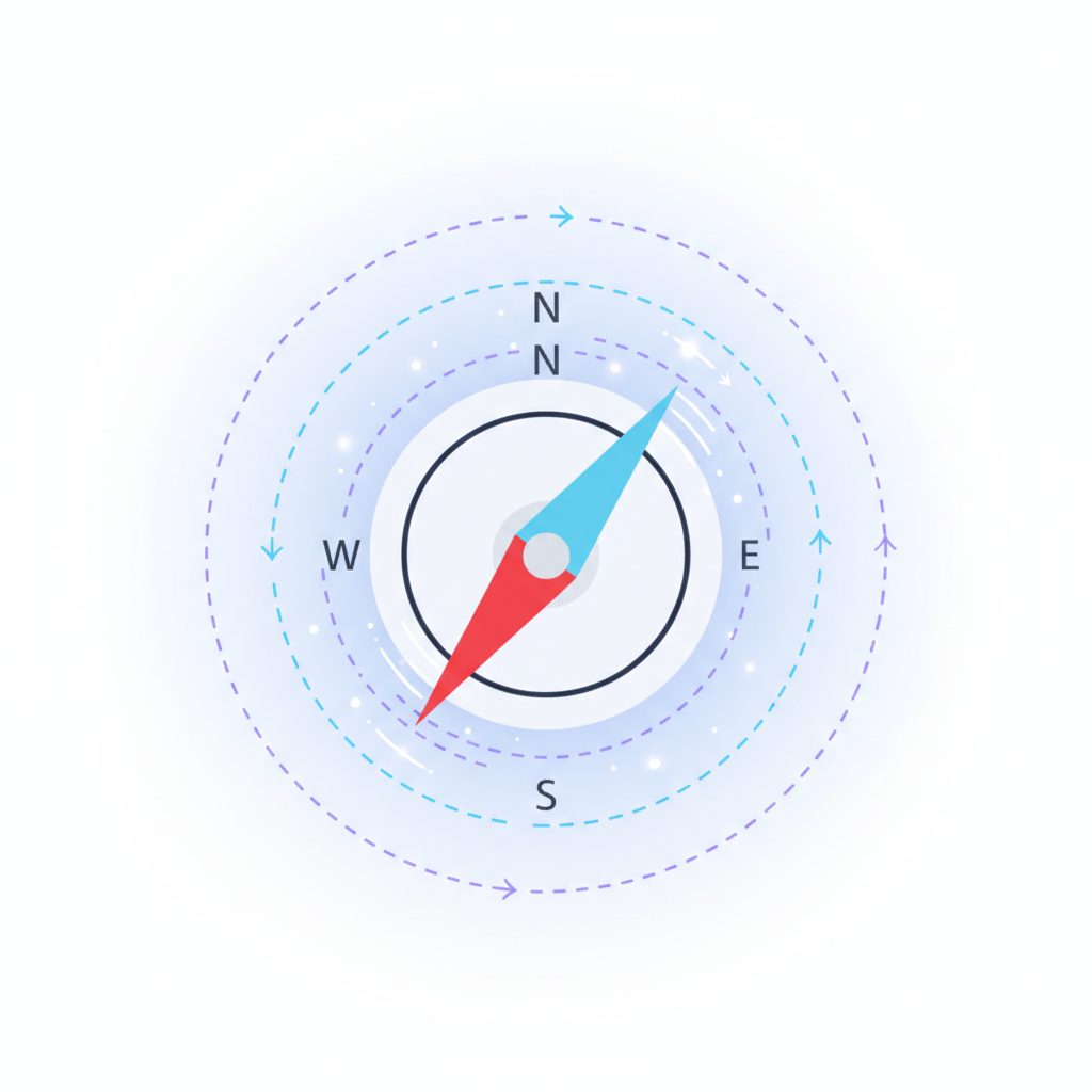 close up vector illustration of a magnetic compass needle spinning, physics concept, flat style