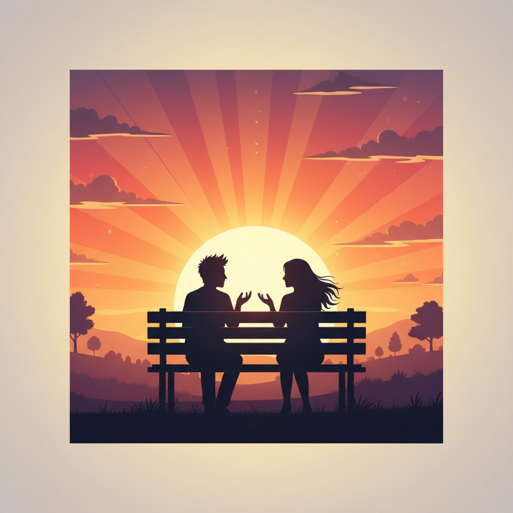 Silhouette of two friends sitting on a bench at sunset talking, warm supportive atmosphere, digital art