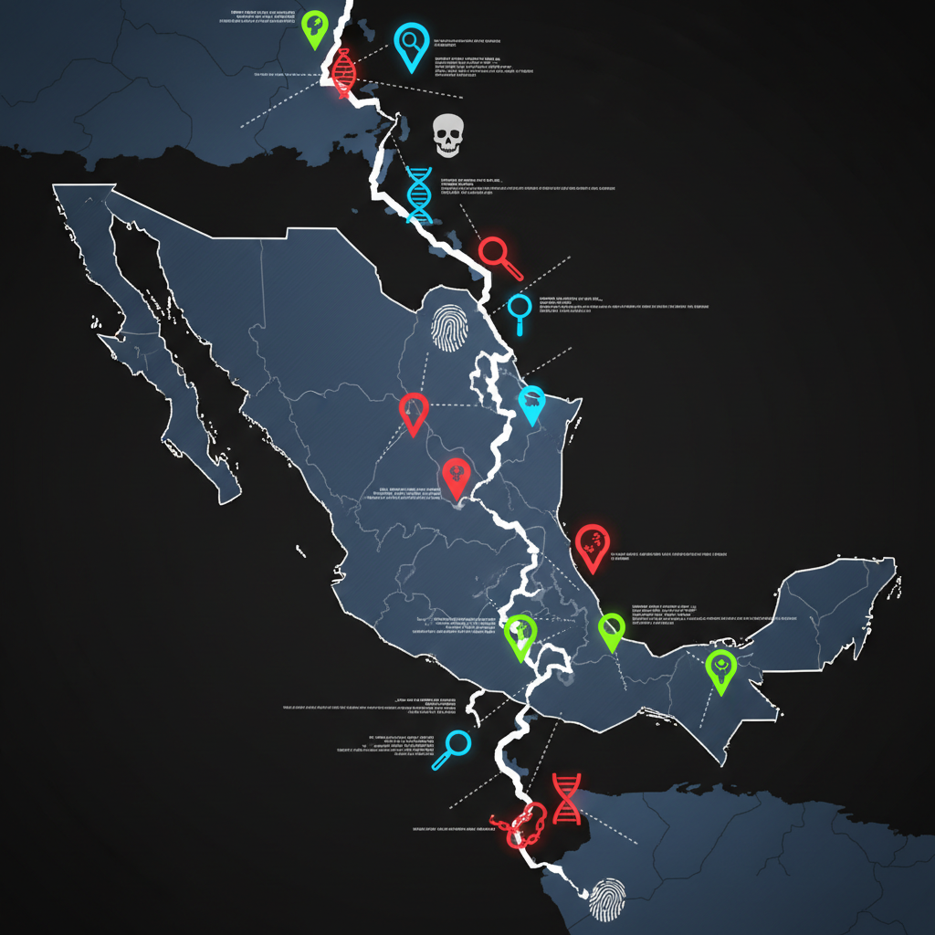 Abstract map of Mexico US border with forensic markers, stark, high contrast, academic style