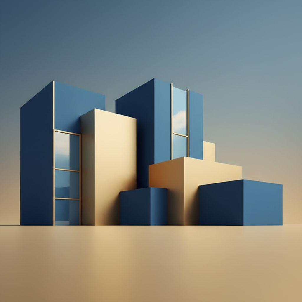 minimalist abstract architectural composition, government building style, modern, clean lines, blue and gold color palette, soft lighting, 8k resolution, editorial design