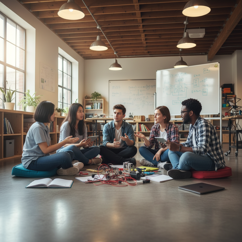 A small group of diverse students in a bright workshop room sitting in a circle, engaged in discussion, warm lighting, educational setting