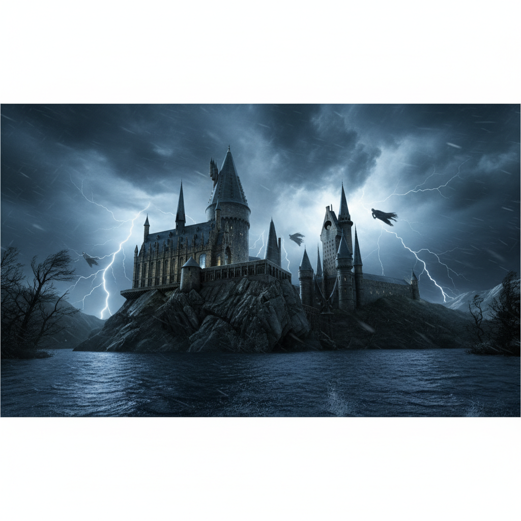 Hogwarts Castle stormy night Prisoner of Azkaban style