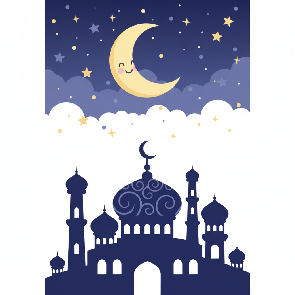 Illustration of a crescent moon and stars in a night sky with a silhouette of a beautiful mosque, cute cartoon style, simple vectors