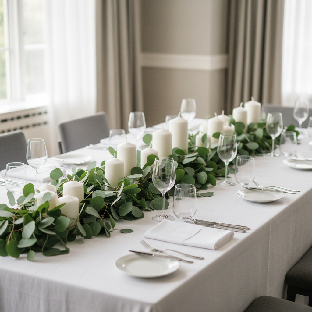 Luxurious baby shower table centerpiece with white pillar candles and fresh eucalyptus greenery, minimalist dining setup, white tablecloth, daylight