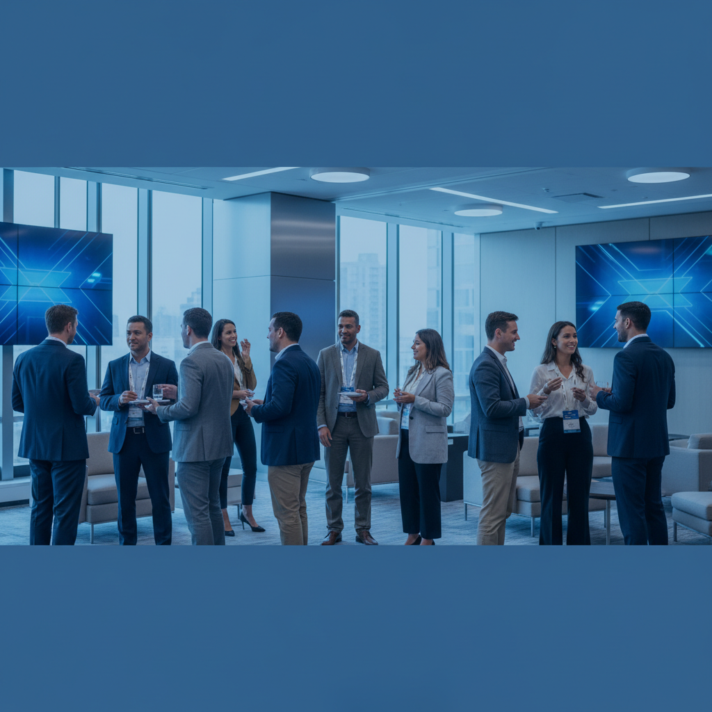 people networking at a professional conference, diverse group in business casual attire talking, modern conference hall background, blue tone filter