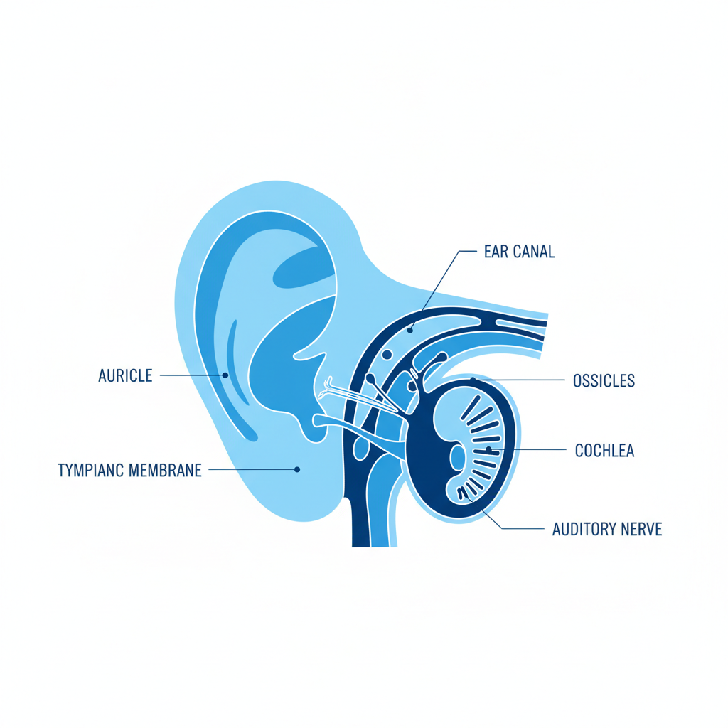 Modern medical illustration of the human ear cross-section, clean lines, blue and white color palette, minimalist style