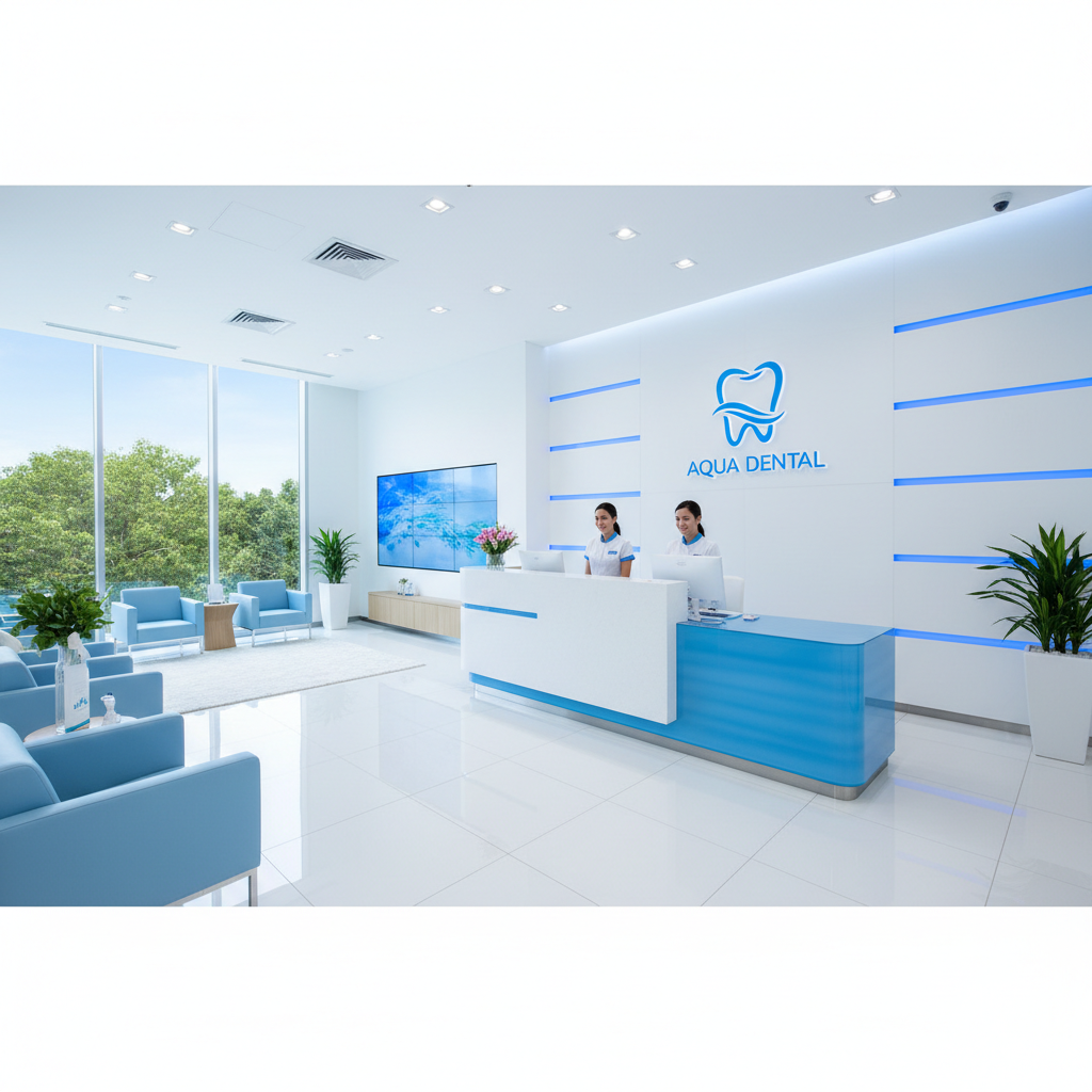 modern clean dental clinic reception area, professional, bright lighting, blue and white color palette, 8k resolution, cinematic composition