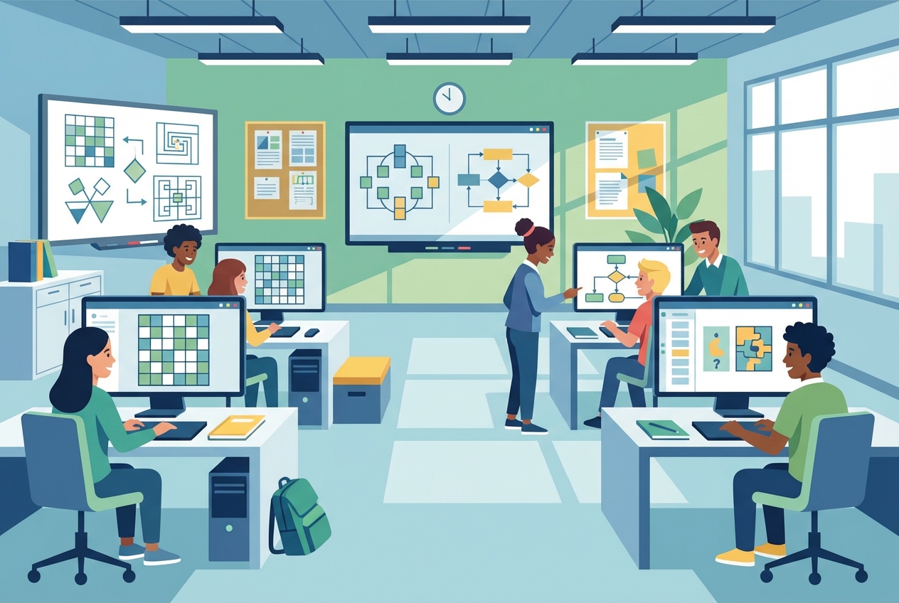 Modern classroom with computer screens displaying logic puzzles, students looking engaged, stylized geometric vector art, education technology theme