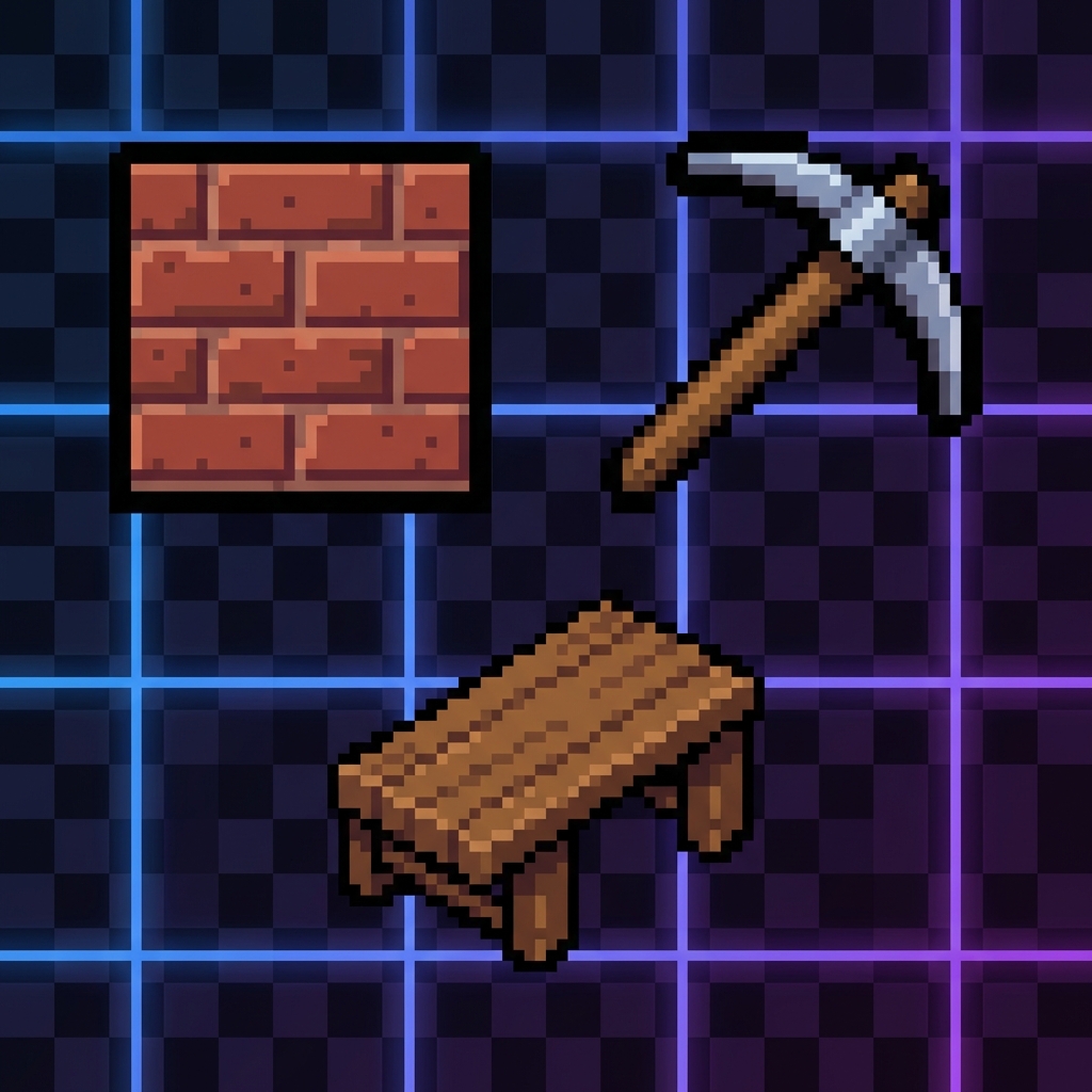 pixel art icons of a brick wall block, a pickaxe, and a bridge plank, set against a dark grid background