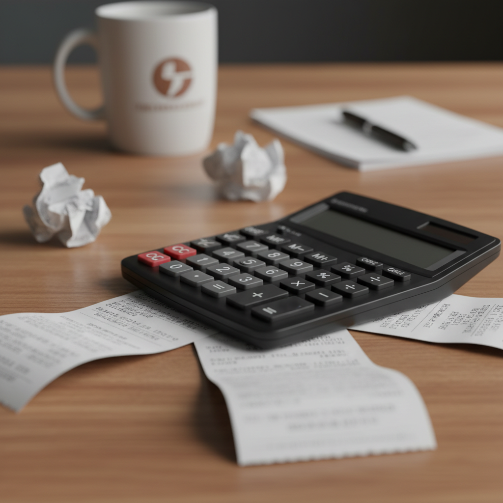 calculator on a table with receipts, photorealistic, depth of field