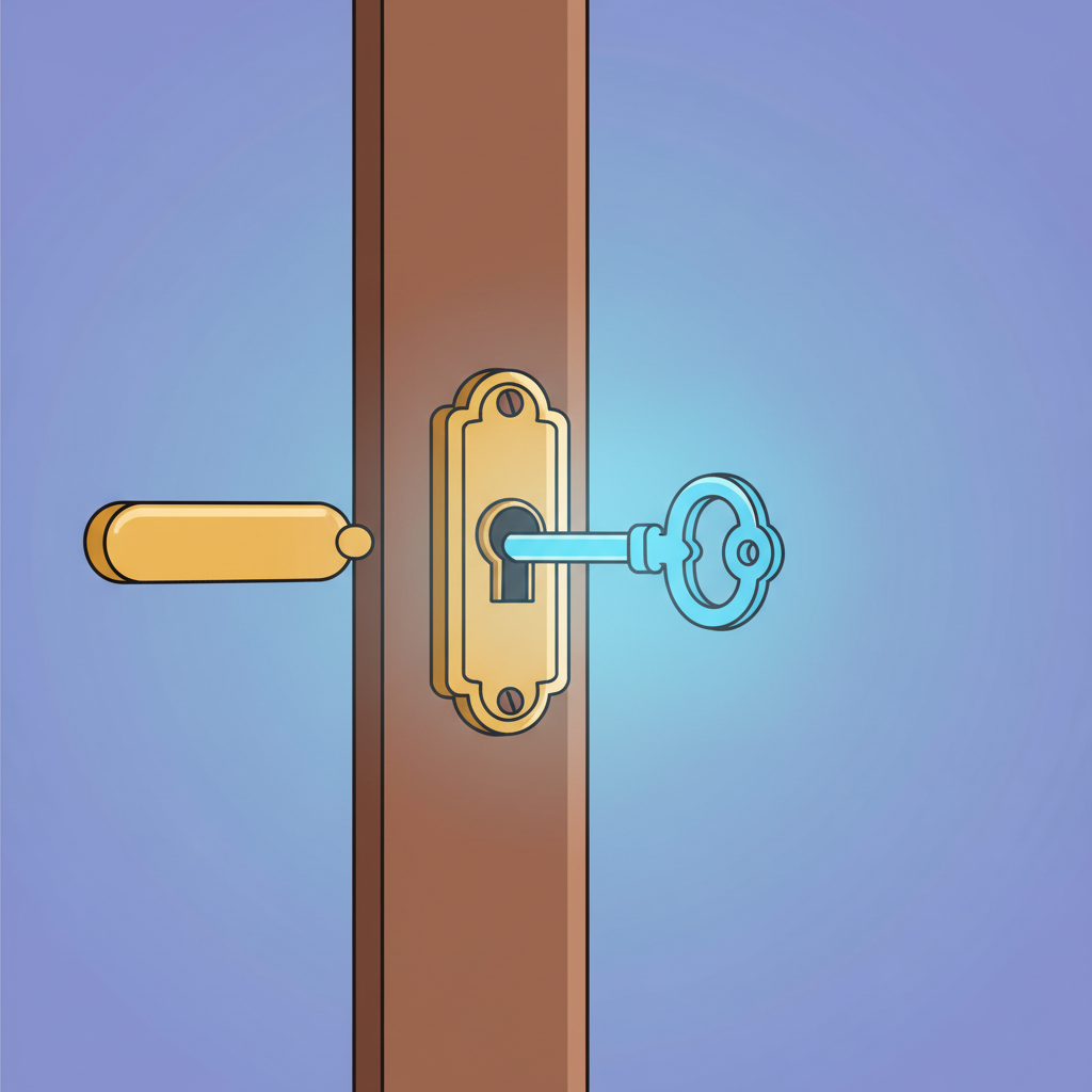 illustration of a door with a lock and a key, simple vector style, the key is glowing blue
