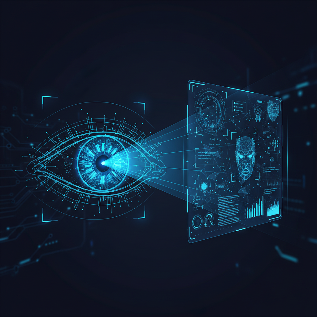 Digital eye scanning a holographic interface, abstract representation of computer vision, blue and cyan neon lines, dark background