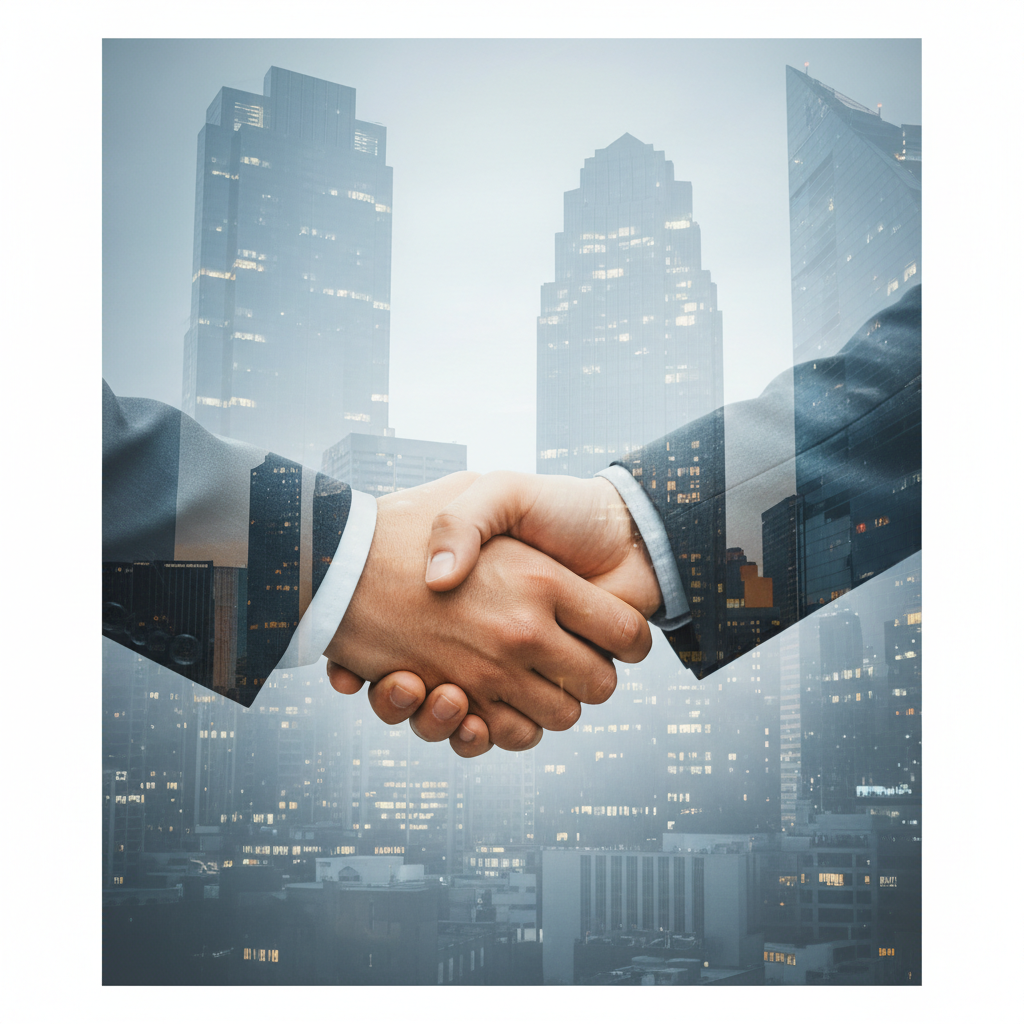 business handshake, double exposure with city architecture, professional, trustworthy