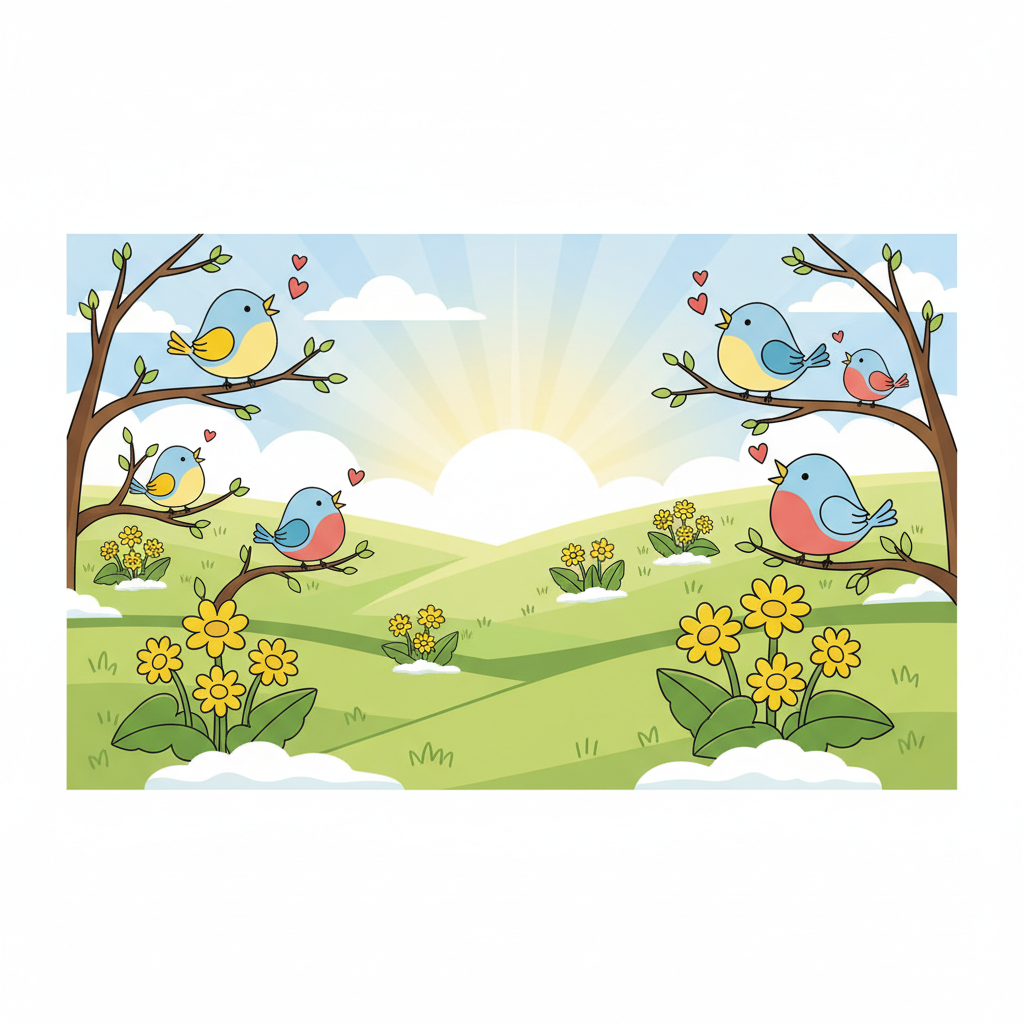 Spring in Norway illustration, melting snow patches on green grass, yellow coltsfoot flowers (hestehov), adorable birds singing, bright light, simple style for kids