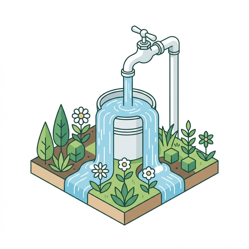 minimalist illustration of a faucet filling a bucket and overflowing into a garden, isometric style, white background
