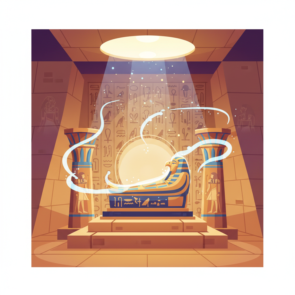 vector illustration of a Pharaoh sarcophagus inside a pyramid chamber with hieroglyphs, mystical and historical info style