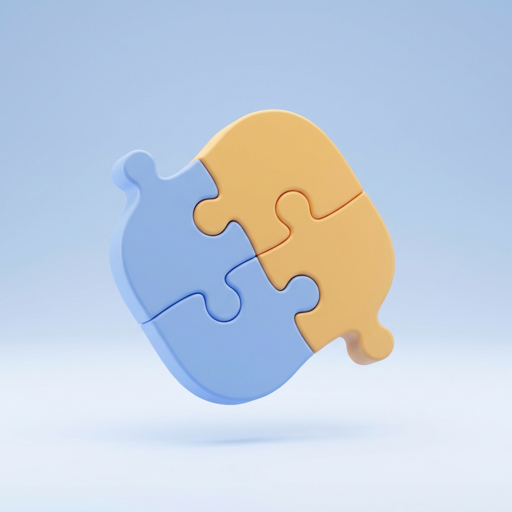 Minimalist 3D abstract illustration of two colorful puzzle pieces fitting together perfectly, soft lighting, blue and white background, educational style