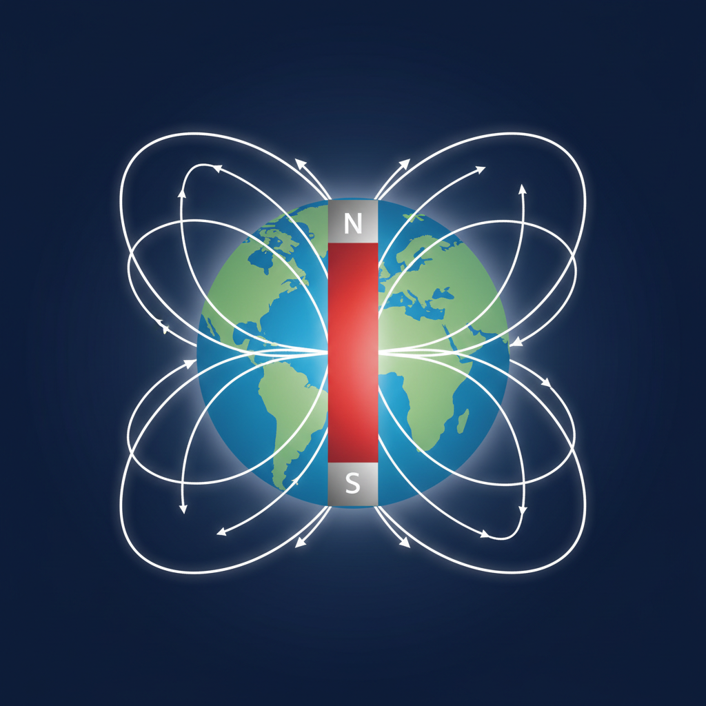 diagram showing Earth as a giant magnet with magnetic field lines connecting poles, vector style on dark blue background