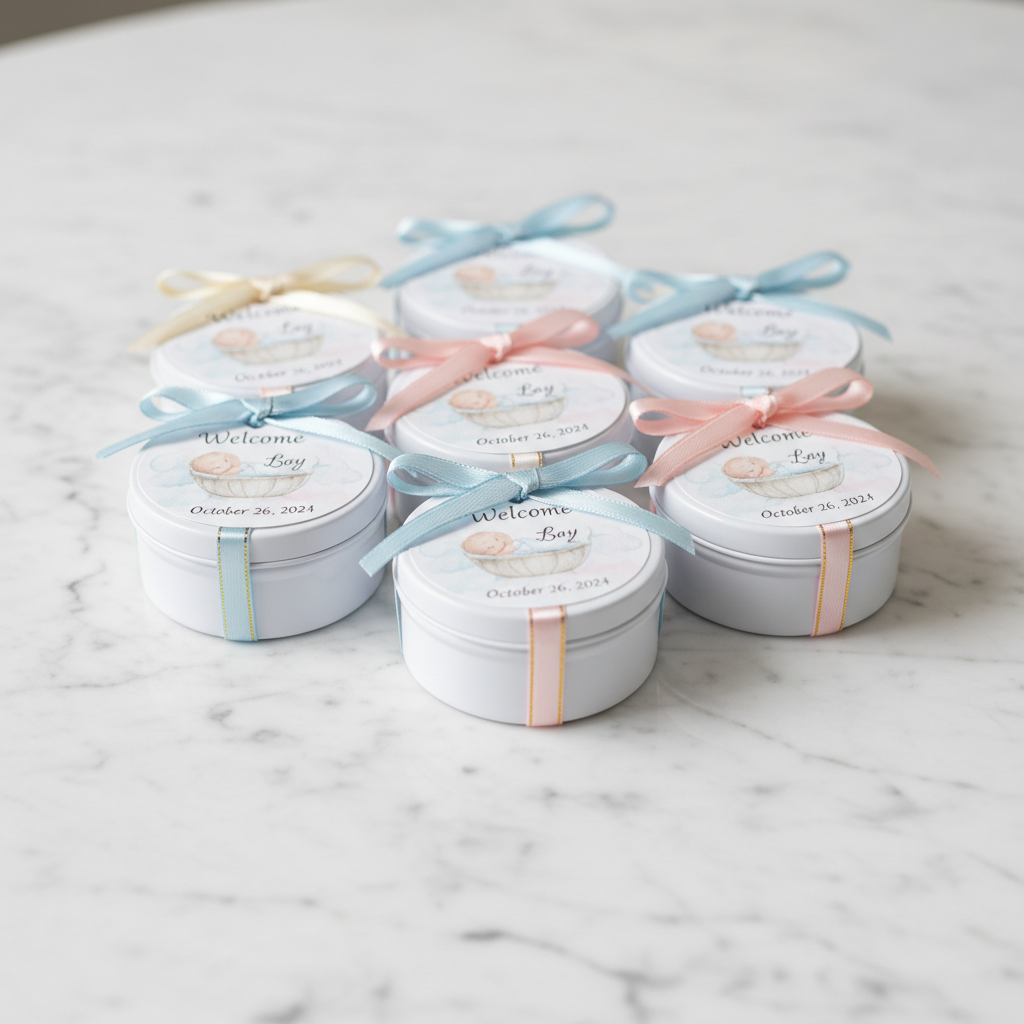 Collection of miniature white candle tins with elegant personalized baby shower tags, satin ribbons, arranged on a marble table, soft focus