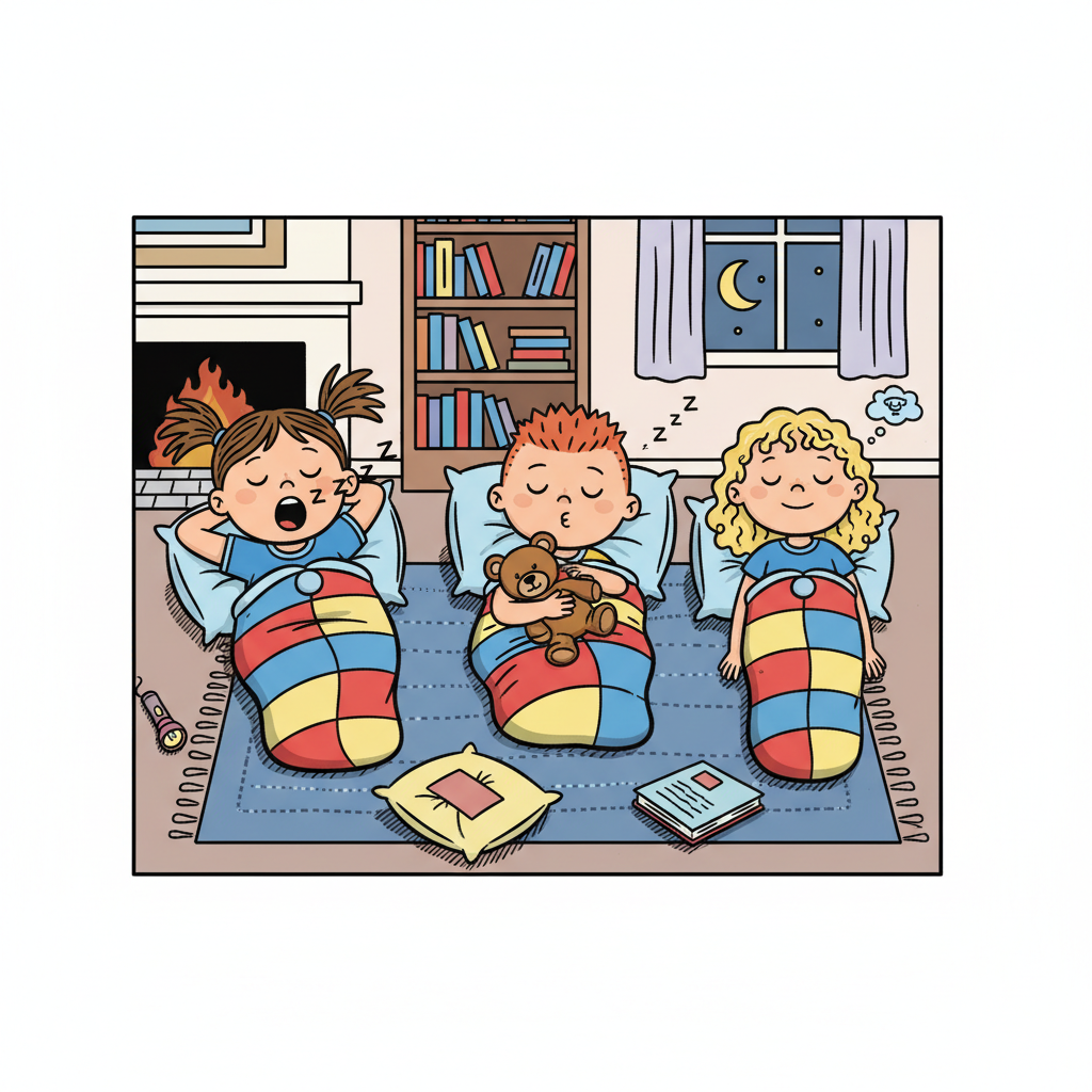 comic drawing of three kids pretending to sleep instantly in sleeping bags
