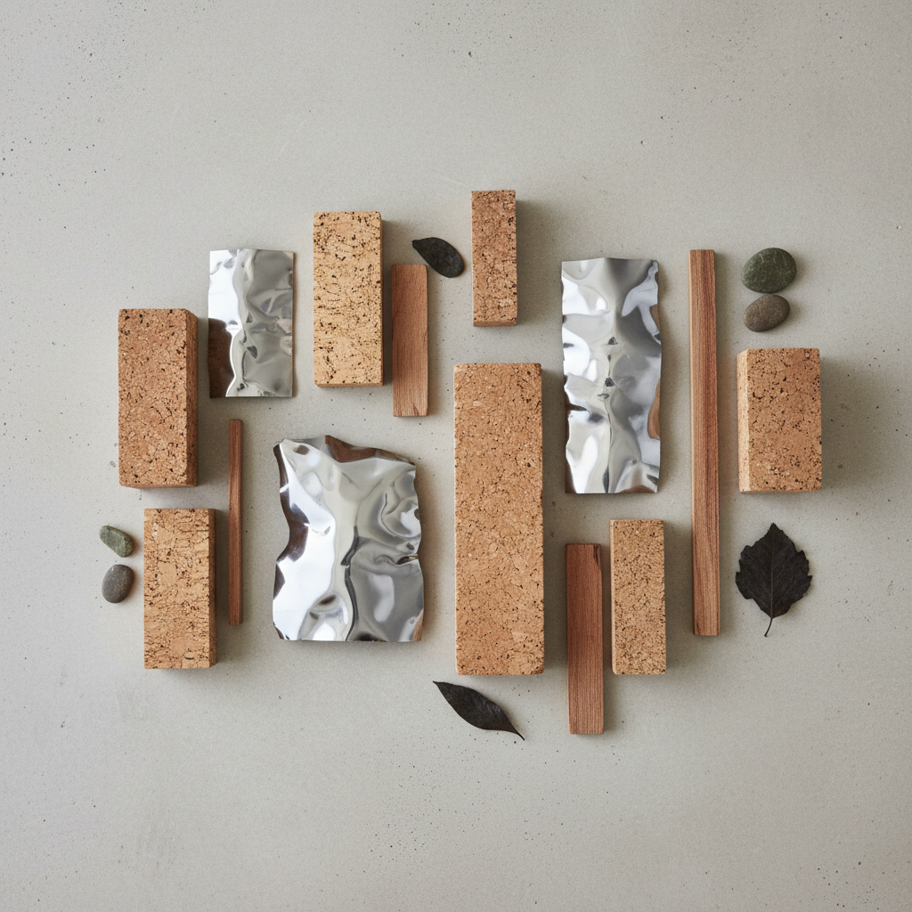 Sustainable materials layout, chunks of recycled stainless steel and natural cork, minimalist arrangement, high quality, earthy tones