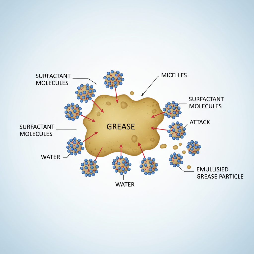 diagram showing surfactant molecules (micelles) attacking grease particle, educational chemistry schema