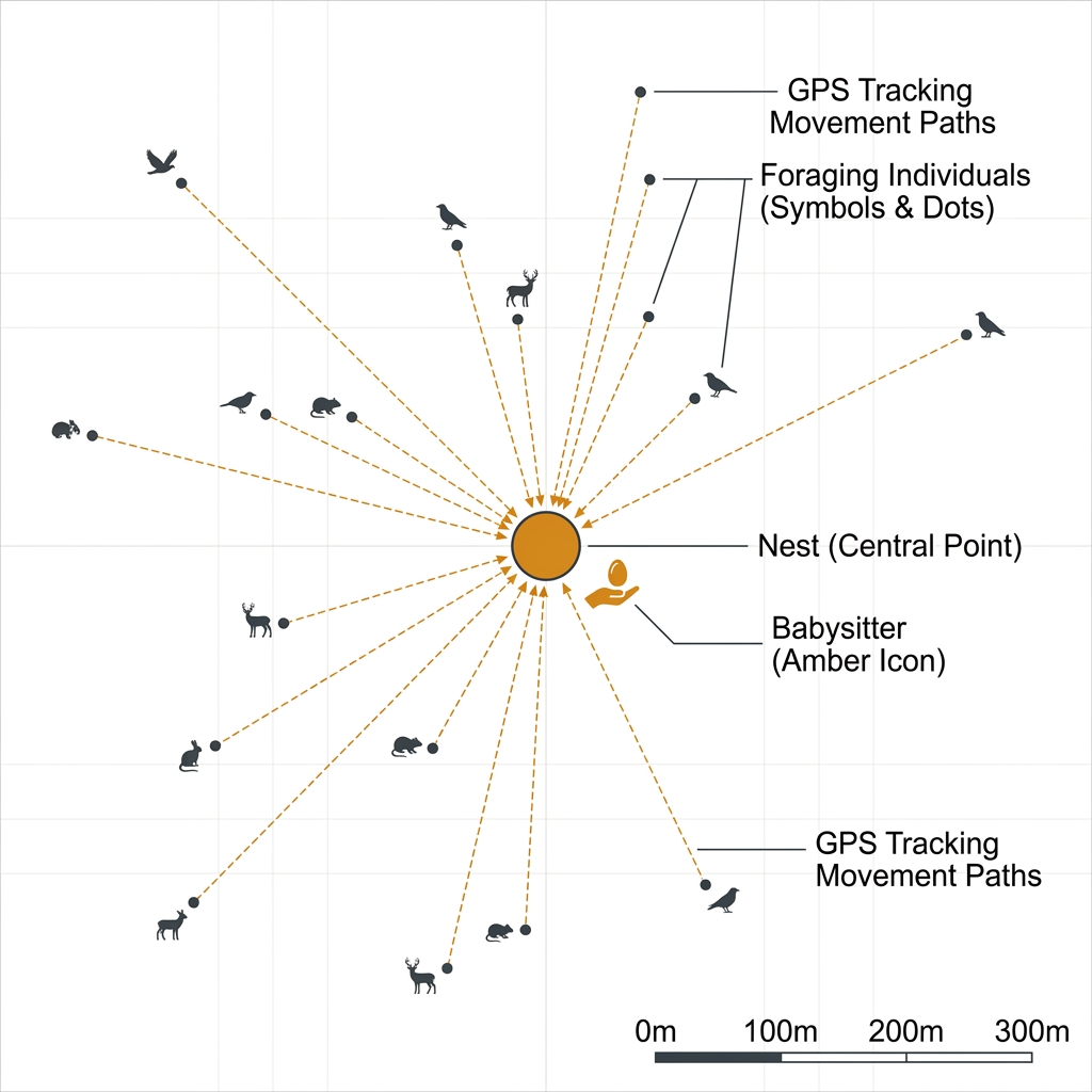 Schematic map diagram showing group movement toward a central burrow