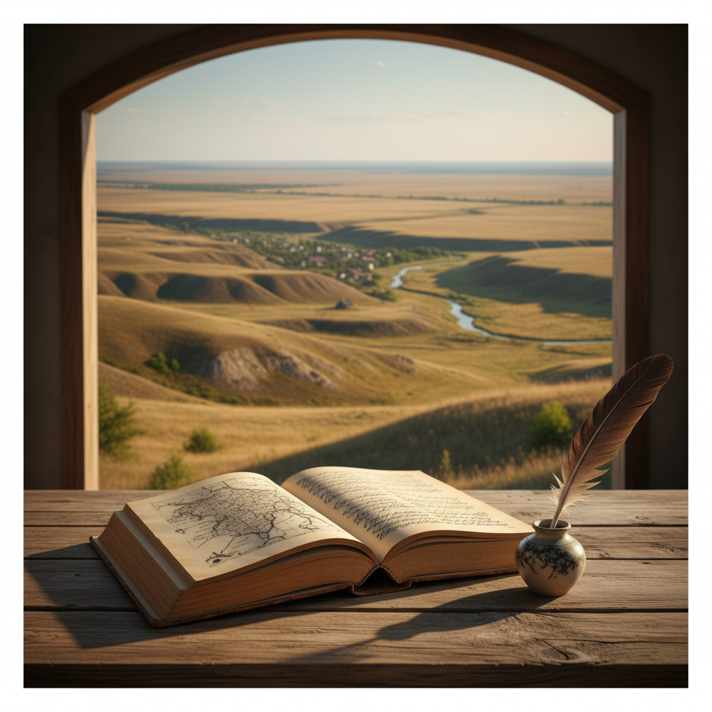 open old book on wooden table with ink quill and background of don steppe landscape window