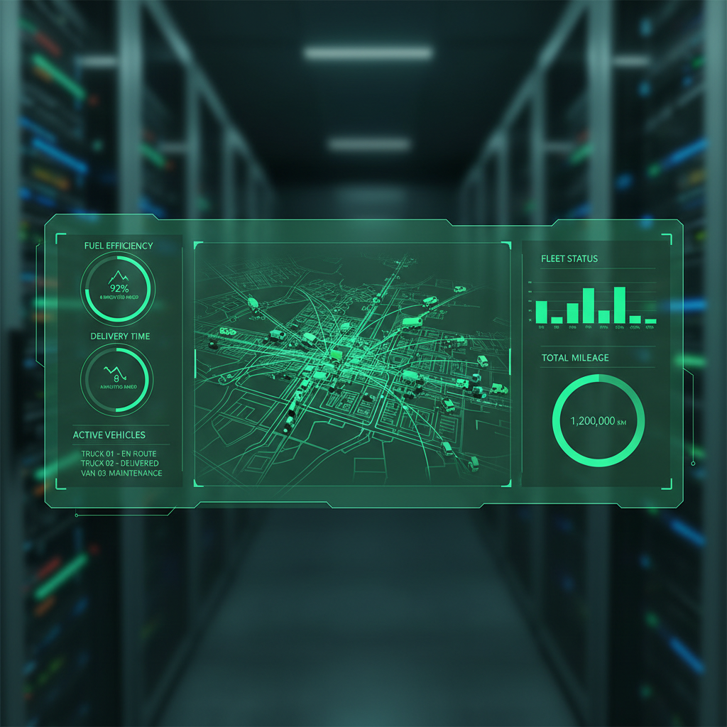 Dashboard interface of fleet management software, showing maps, graphs, green color scheme, futuristic UI