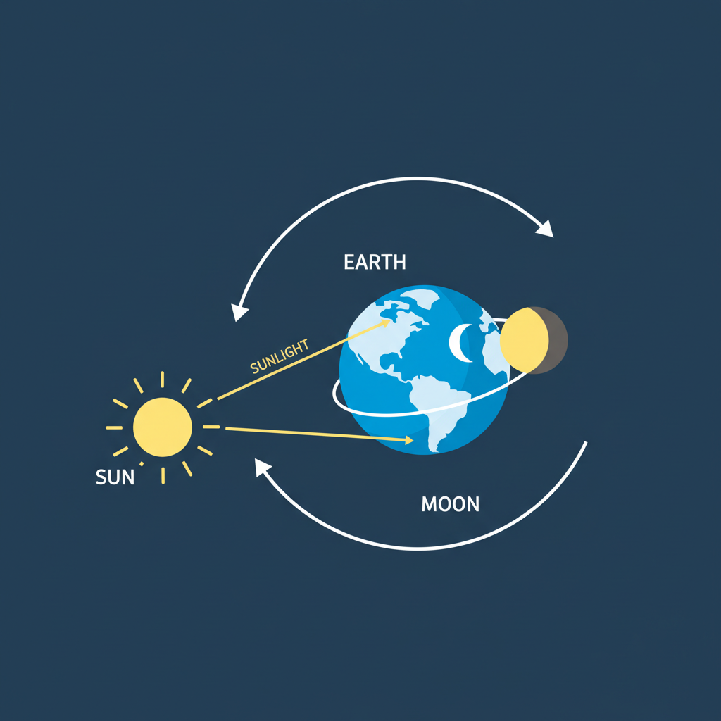 educational vector diagram showing Earth, Moon orbiting, and Sun rays hitting the Moon, minimalist space style, dark blue background