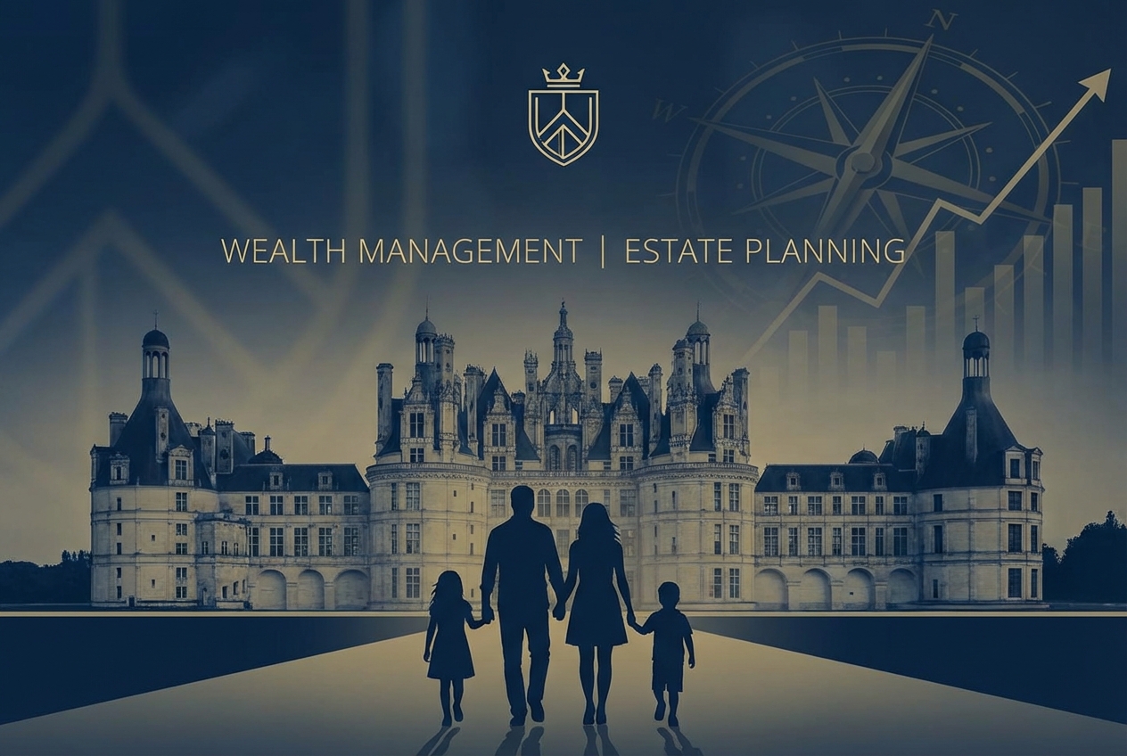 Elegant French estate planning concept, luxury home with family silhouettes, professional wealth management atmosphere, blue and gold tones, minimalist corporate style