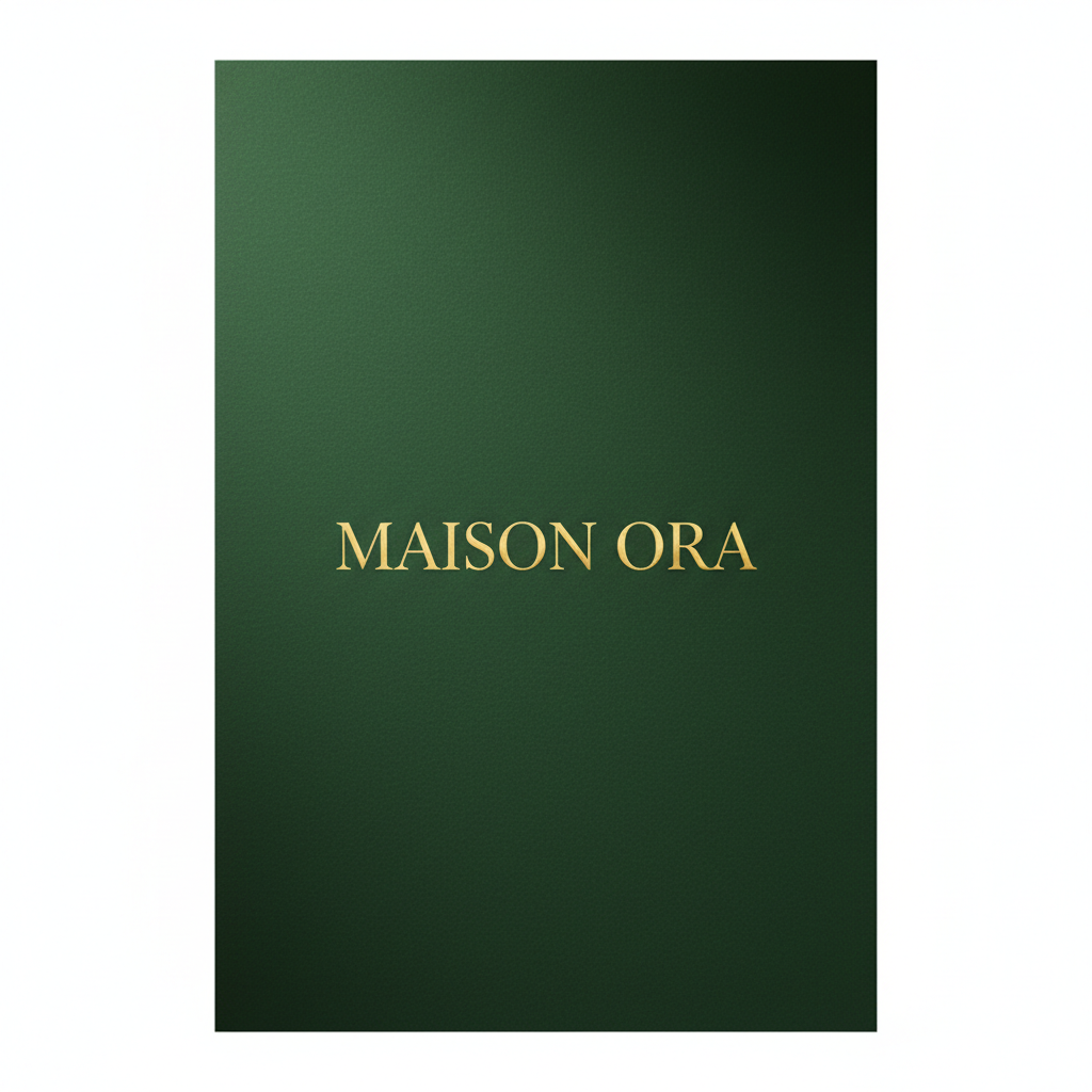 Minimalist luxury logo of a brand called MAISON ORA, deep forest green background, gold elegant serif typography, cinematic lighting, photorealistic texture of high-end paper