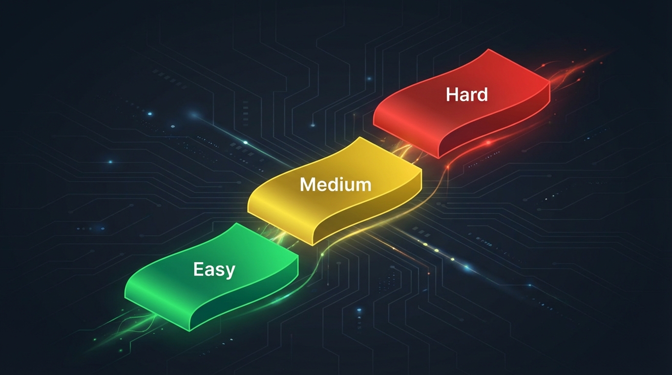 Abstract infographic showing three steps ascending, color coded Green, Yellow, Red. Text on steps: Easy, Medium, Hard. Dark background.
