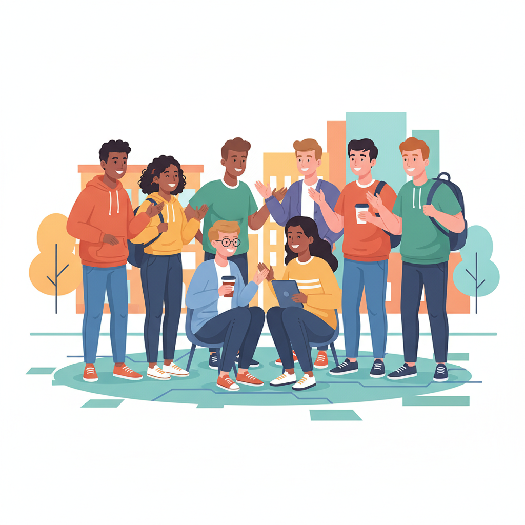 diverse group of students talking and smiling in a circle, vector illustration