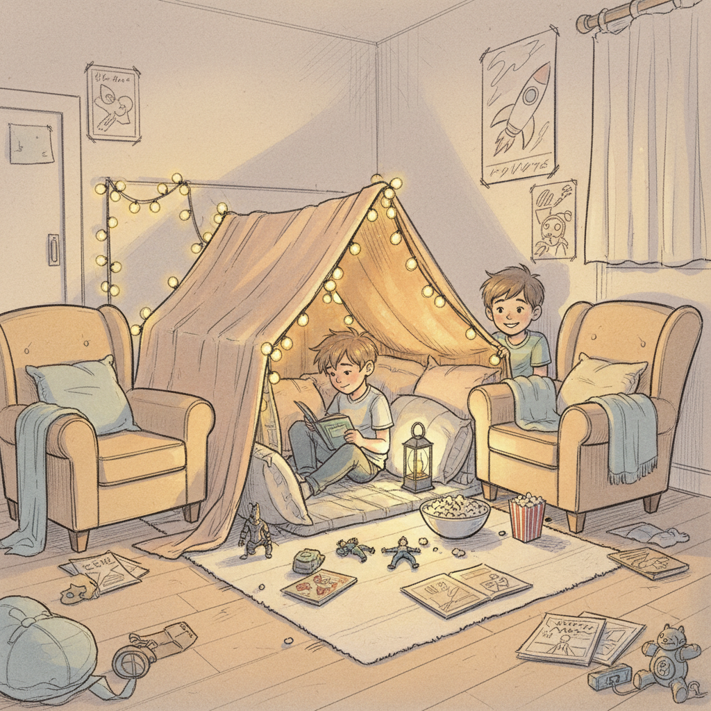 cozy bedroom pillow fort sketch concept art, warm lighting, boys room, relaxed atmosphere