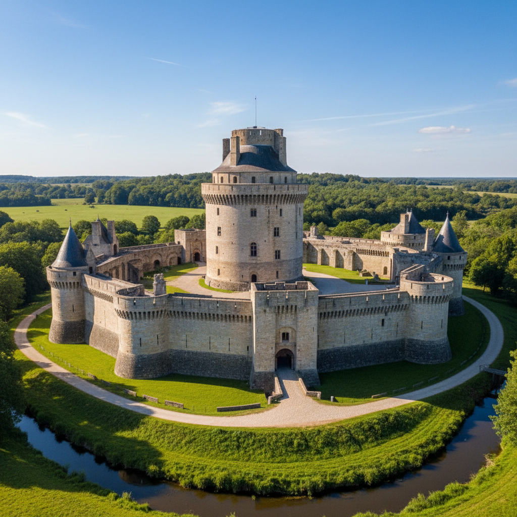 Chateau de Coucy medieval reconstruction, huge stone keep, majestic, sunny day, photorealistic, 13th century style