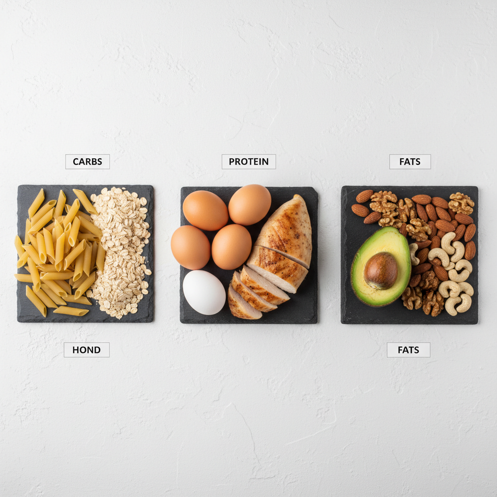 Top down view of healthy ingredients separated by type: pasta/oats (carbs), eggs/chicken (protein), avocado/nuts (fats), arranged neatly on a white table, food photography style