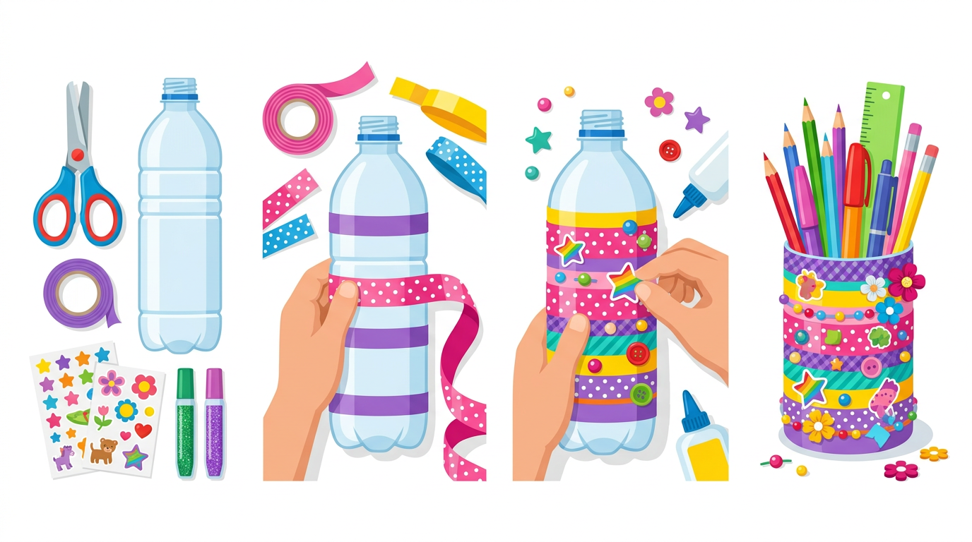 Plastic bottle pencil holder steps