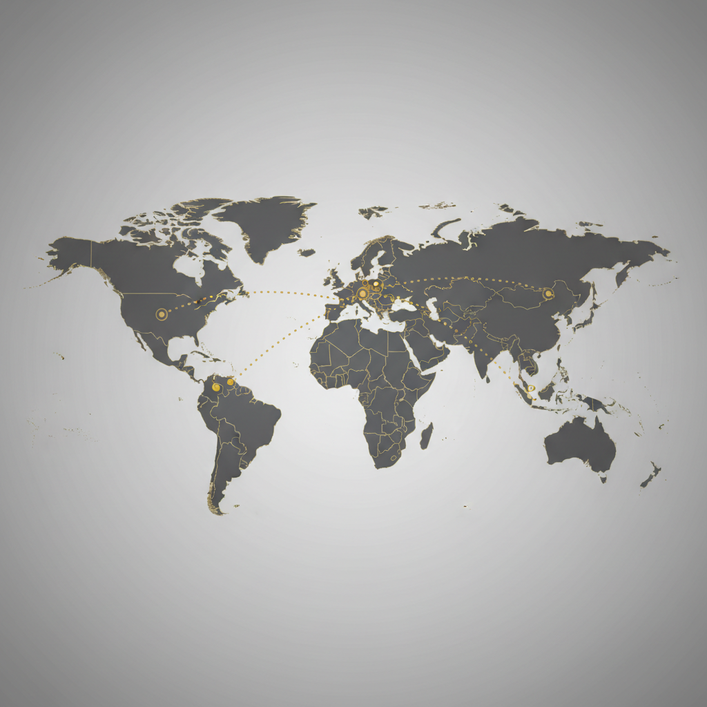 Stylized world map showing connections between Spain, Brazil, USA, and UK. Minimalist vector style, grey and gold colors.