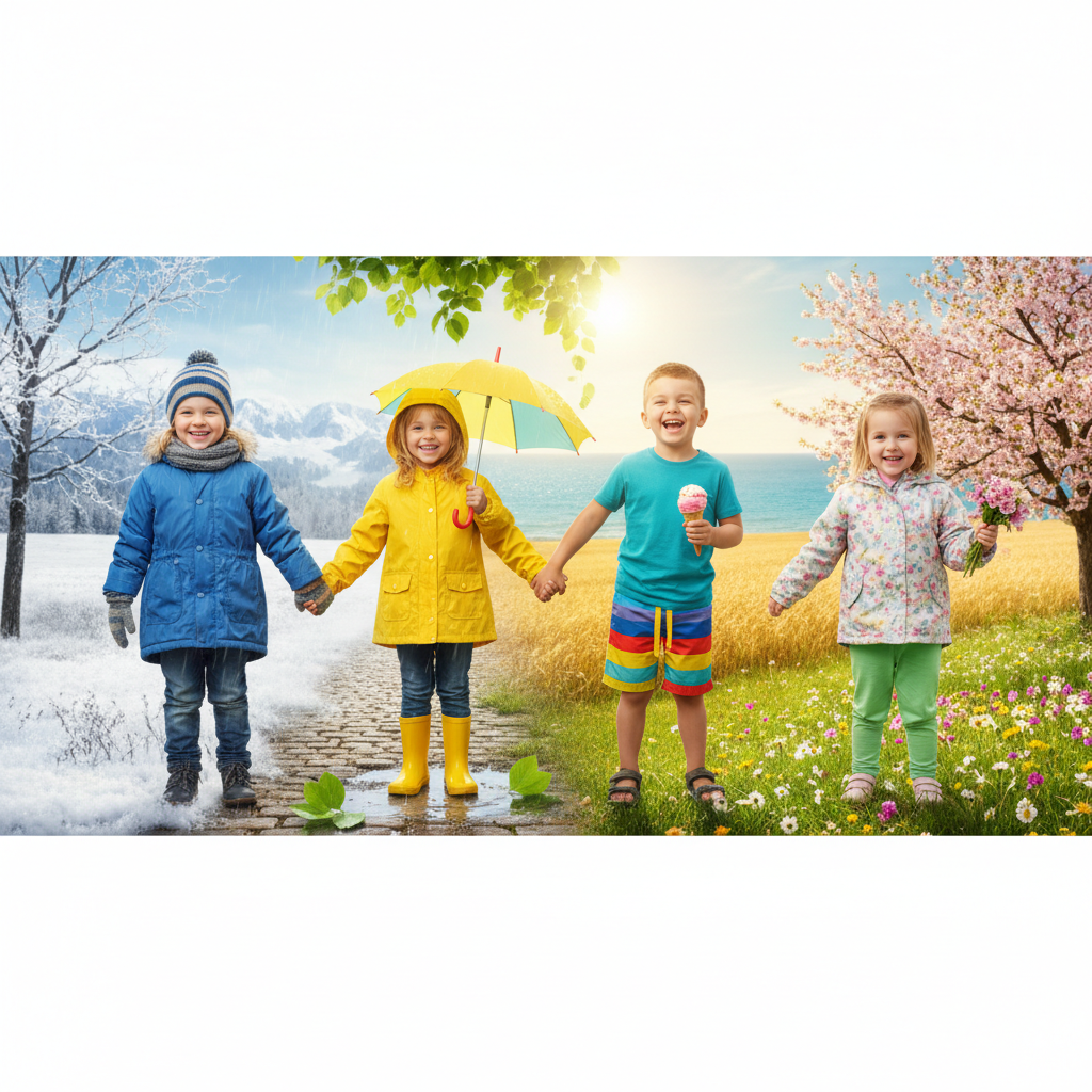 Four happy children holding hands, each dressed for a different season (winter gear, raincoat, summer shorts, spring light jacket)