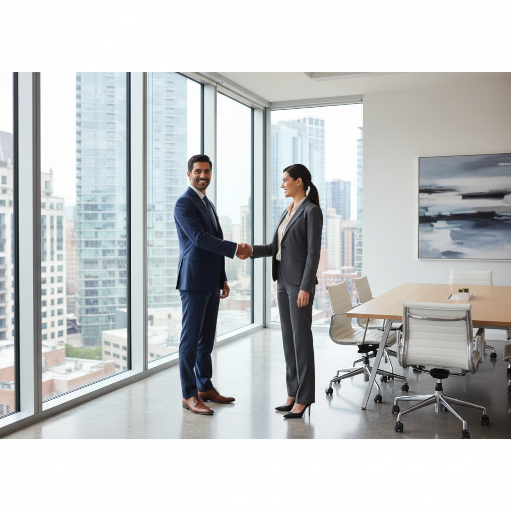 Two corporate executives shaking hands in a modern office professional setting