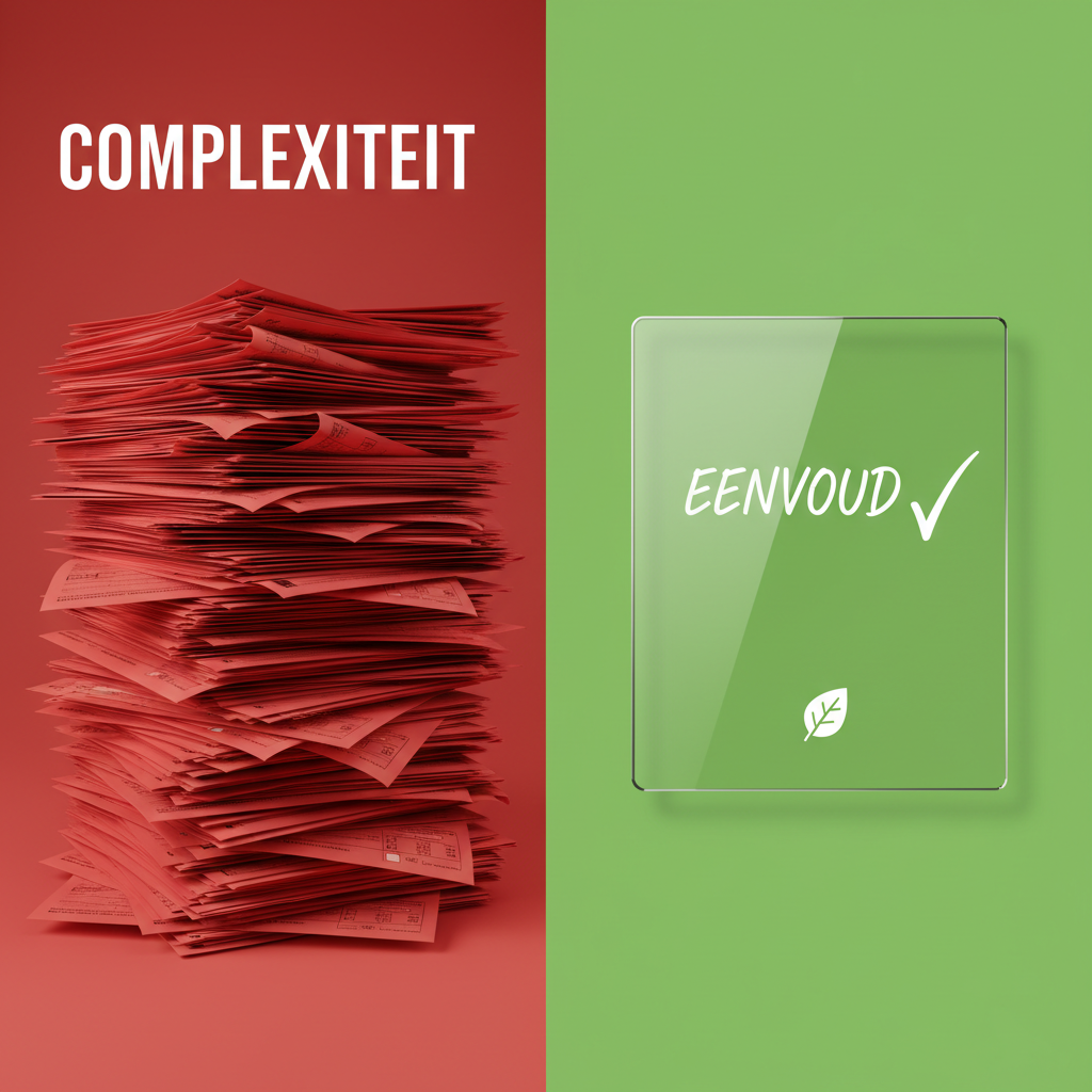 Split screen composition. Left side: A complex, intimidating red dutch government tax form stack. Right side: A single clear green simplified note. High contrast property.