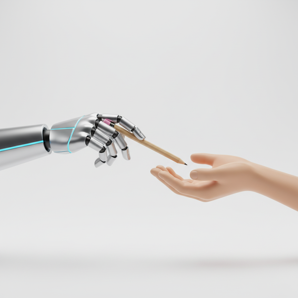 3D illustration of a robot hand passing a pencil to a human hand, minimalist style