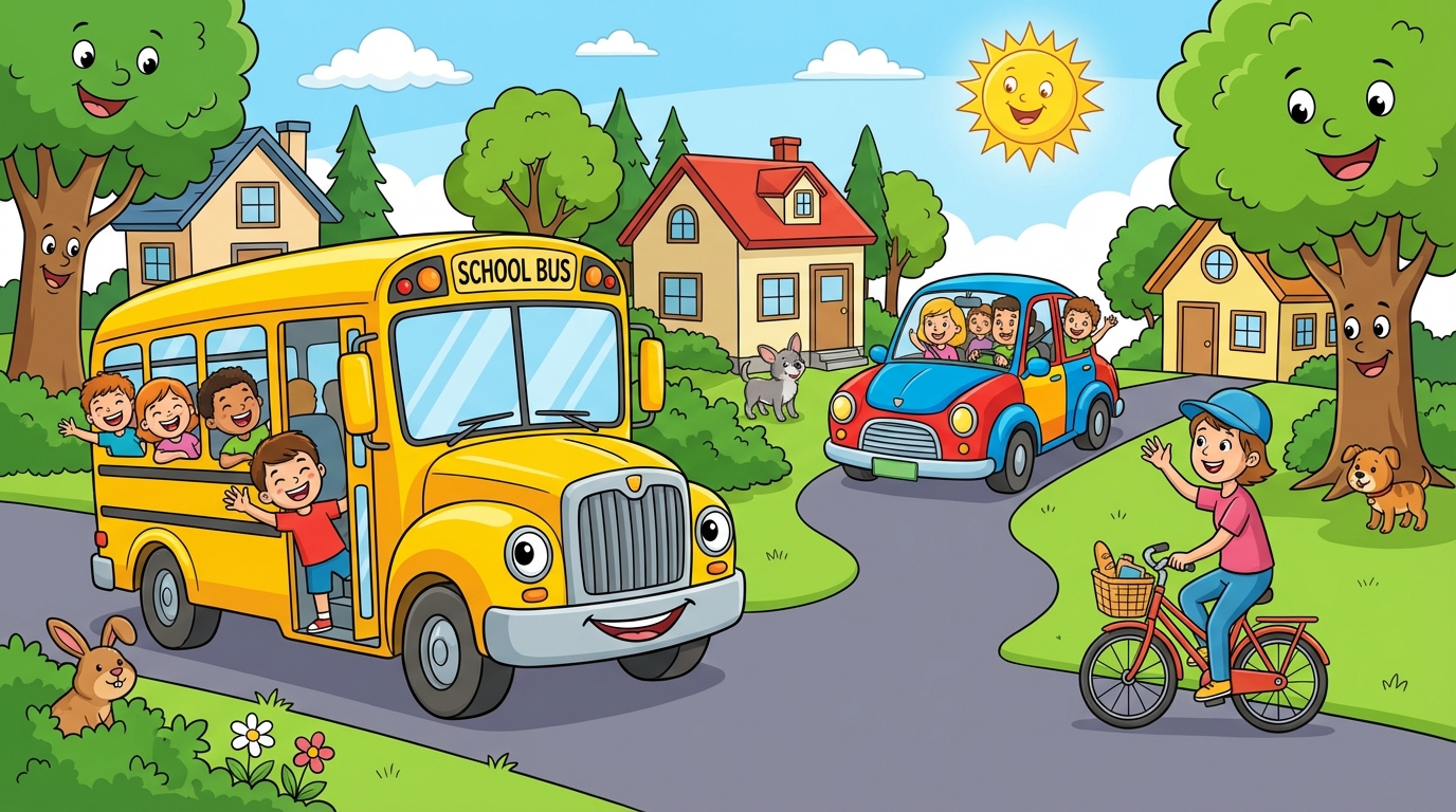 Happy neighborhood scene with bus car and bicycle