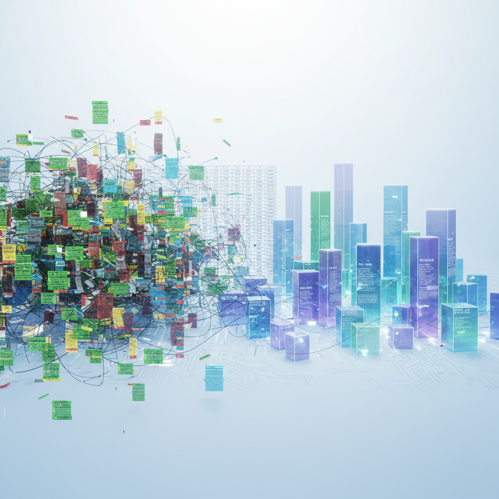 Chaotic excel spreadsheet turning into organized data blocks, 3d illustration